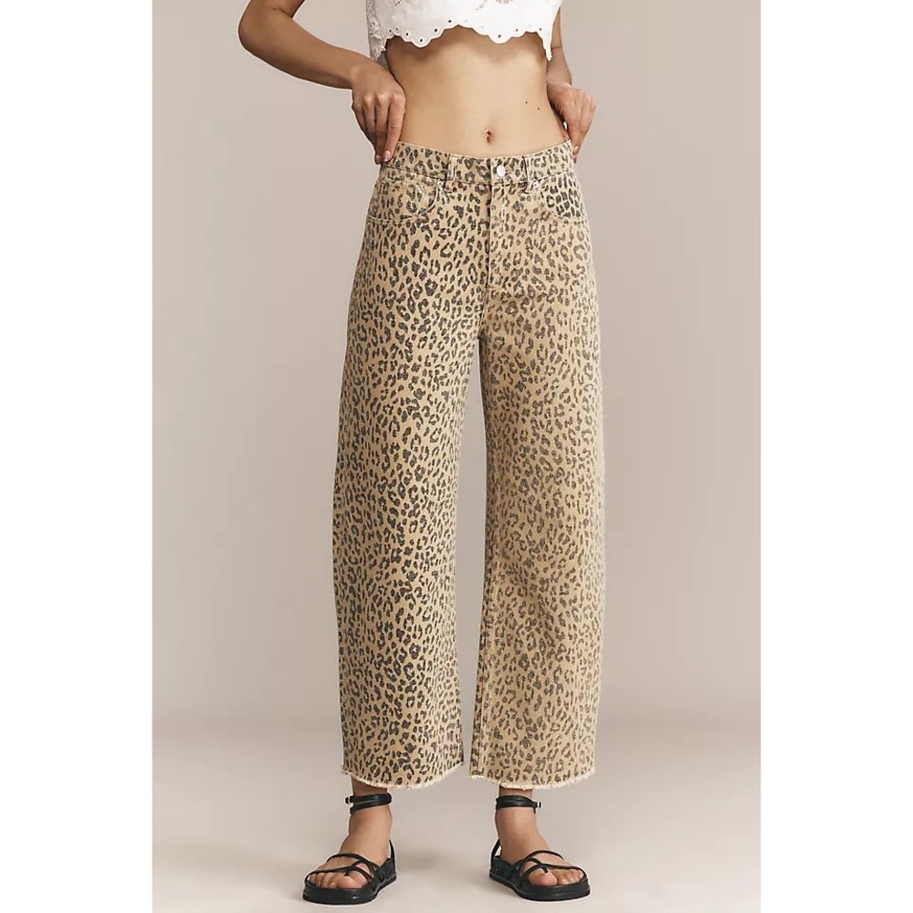 Le Jean Wide Leg Jeans Tan Leopard Animal Print Raw Hem 30